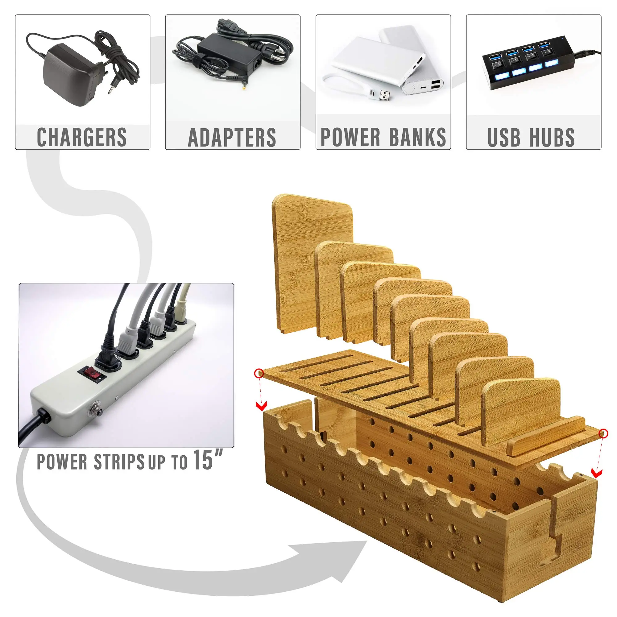 Custom10 Device Bamboo Cell Phone Charging Stations Dock Clutter Organizer Charging Stand Bamboo Wood Table Rack Holder