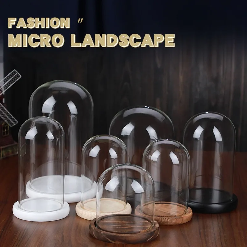 Dustproof Glass Bell Dome with Wooden Base Indoor Outdoor Decorative Craft Product