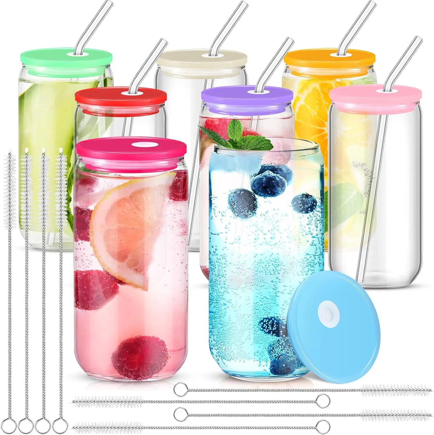 Wholesale 16oz 18oz Clear Beer Can Tumbler Jar Smoothie Cups Can Shaped Glass Cups with Colored Silicone Acrylic Lids