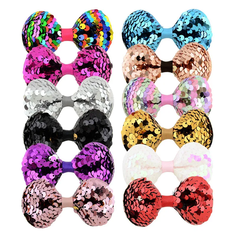 Best Sell 8 Cm Fashion Children Laser Sequin Fabric Clip On Bow Tie Hand Make Kids Glitter Hair Bow Clip
