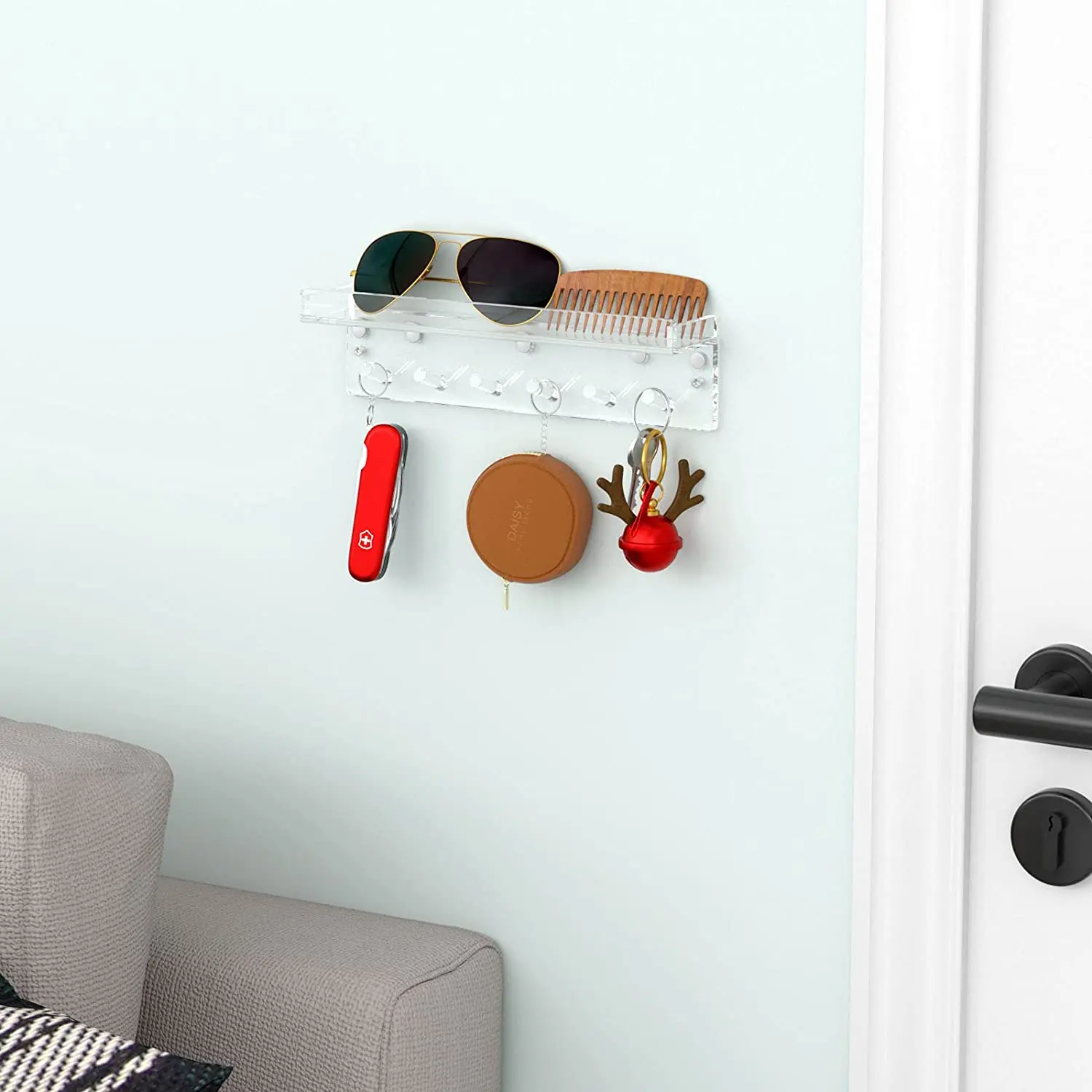 Magnetic Clear Acrylic Wall Hanging Key Rack Holder Shelf with 6 Hooks