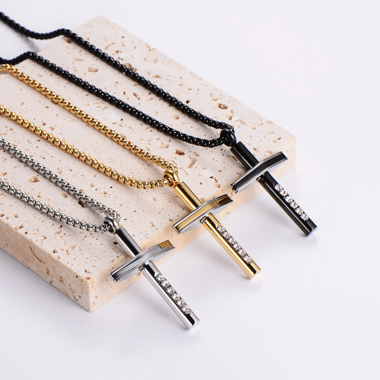 trendy jewelry waterproof stainless steel 18k gold plated cross cubic zircon pendant necklace men