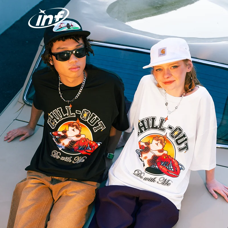 INFLATION 210G Hand-draw Funny Cat Printed Tshirt Men 16S Plus Size T-shirt