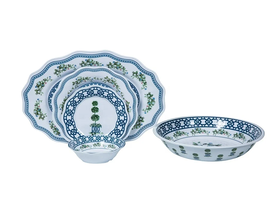 Floral Spring Garden Plastic Plates Large Scalloped Serving Platter Bowl Melamine Tableware Set with Wavy Edge