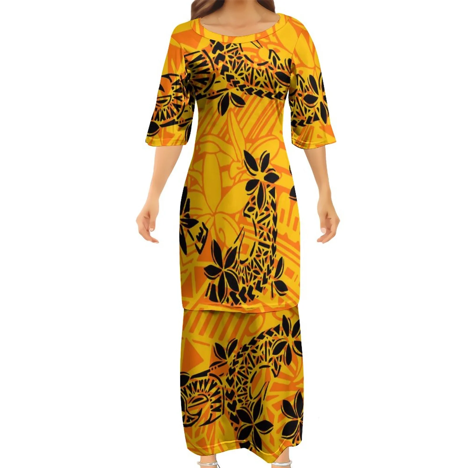 Summer Polynesian Customized On Demand O-neck Puletasi Dress Half Sleeve Top Skirt Two Piece Set Ladies Elegant Yellow Dresses
