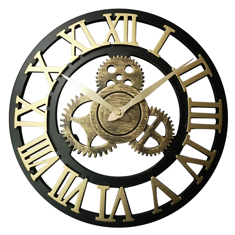Handmade All Normal Size Vintage European Style Black and Gold Silent Large Industrial Gear Creative Rustic 3d Wooden Wall Clock