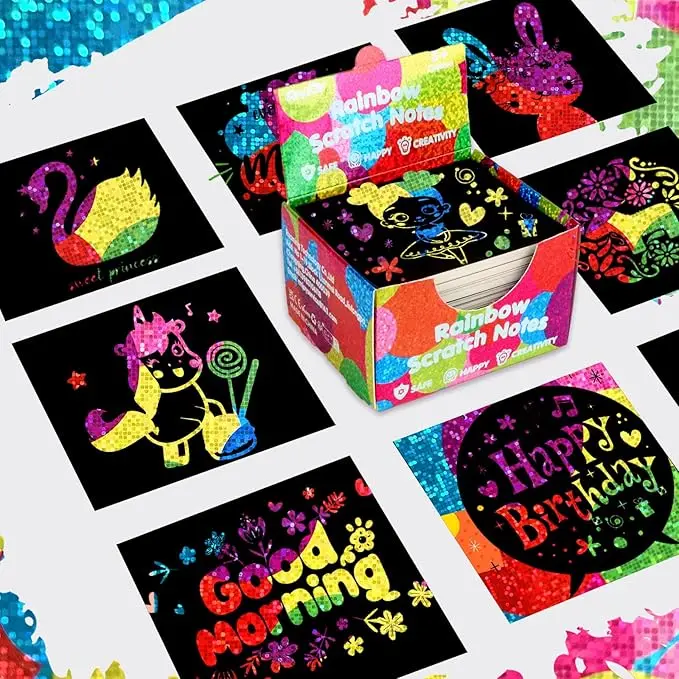 Rainbow Scratch Paper Sets Magic Art Craft Stuff Supplies Black Drawing Pad For Children