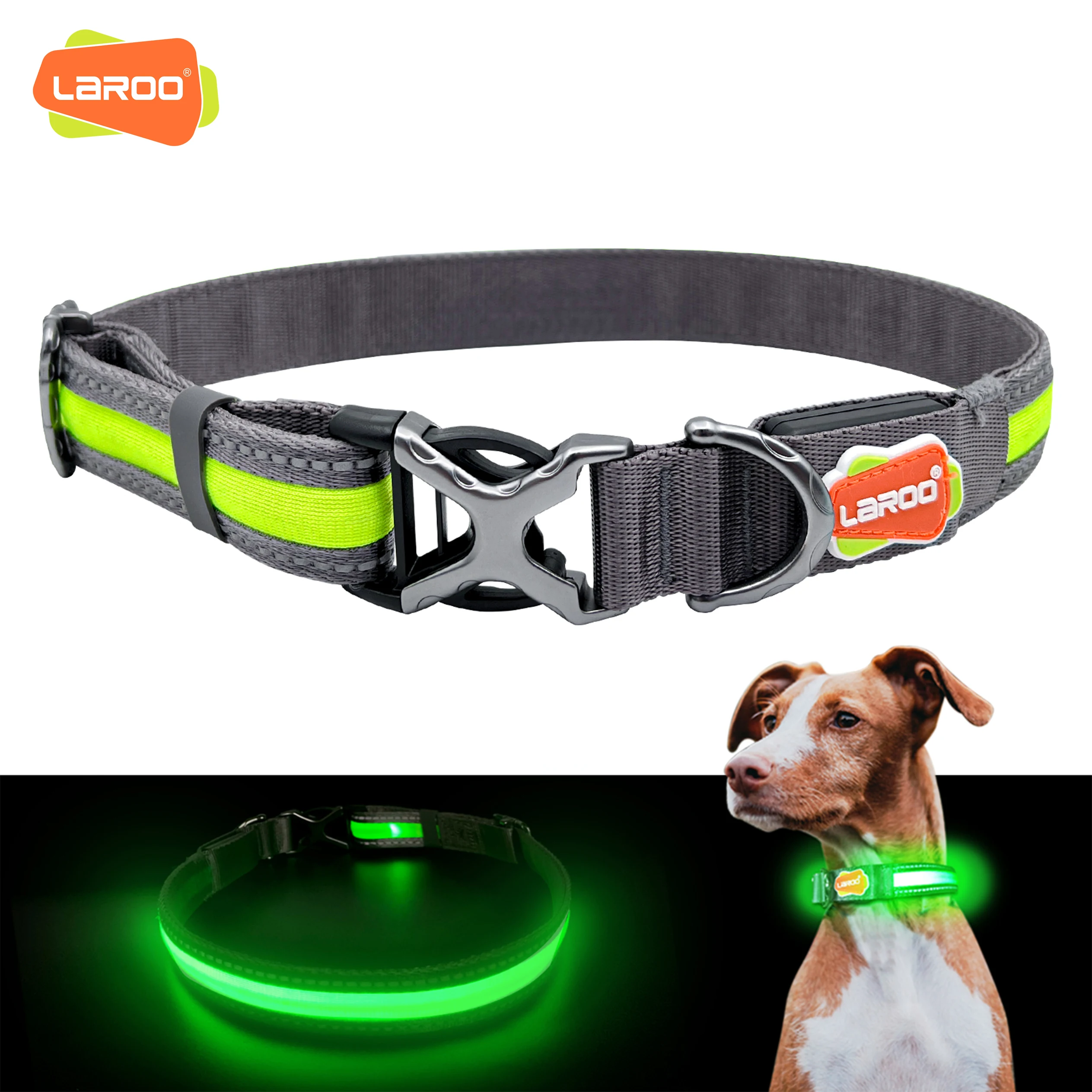 LaRoo metal buckle for dog collar nylon ajustable calming pet big dog collar light up for dog climbing hiking waling at night