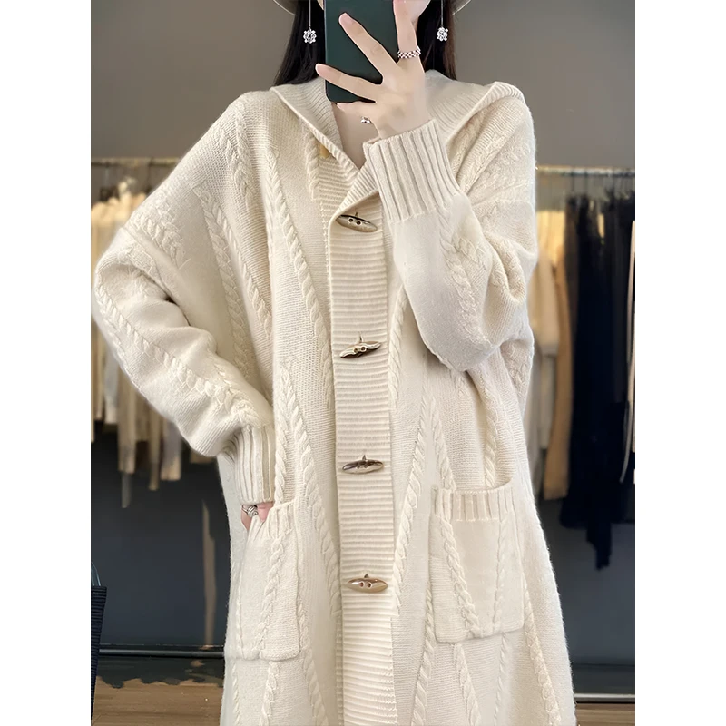 Guoou Inner Mongolia Wool  Mid Long 100% Cashmere Sweater Cable Cardigan Hooded Cardigan Women
