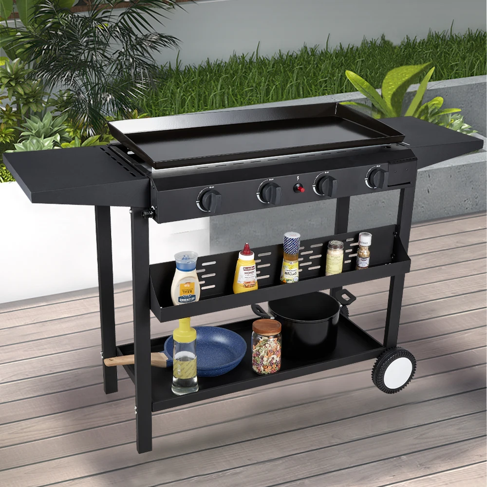 4 Burners Flat Top Gas Grill Stove Flat Top Griddle Professional Outdoor Griddle With Side Table