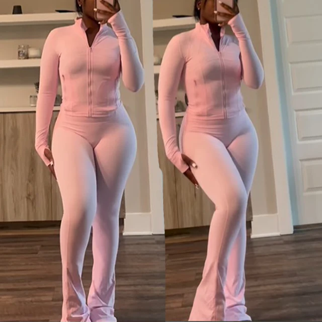 Gym Wear for Women 2 Piece Set Zip Up Active Jacket Nylon Elastane Leggings Flared Pants Yoga Sets For Women