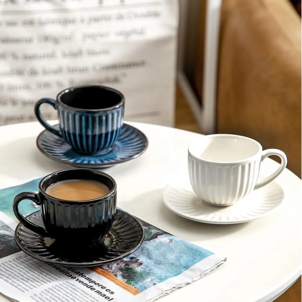 Ceramic Cappuccino Espresso Bulk Coffee Mug Saucer Set with Embossed Latte Cup Available in Various Sizes
