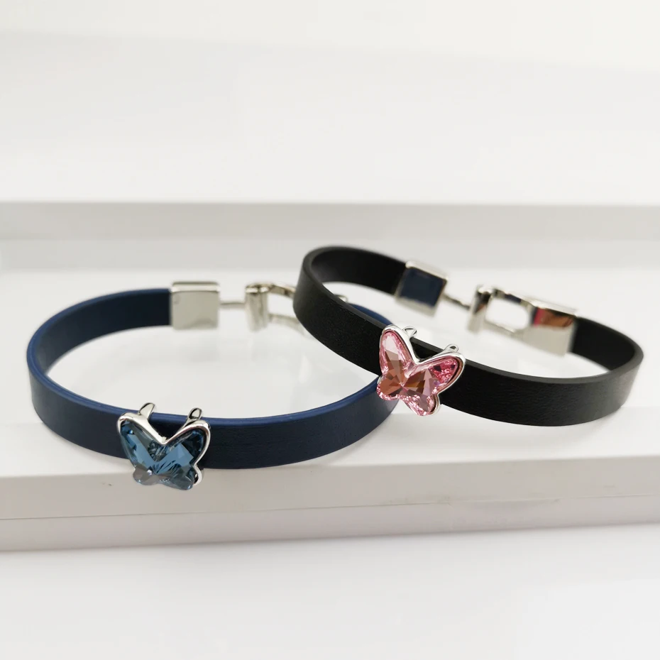 Personality Charm Fashion Black Leather Austrian Crystal Butterfly women Bracelet