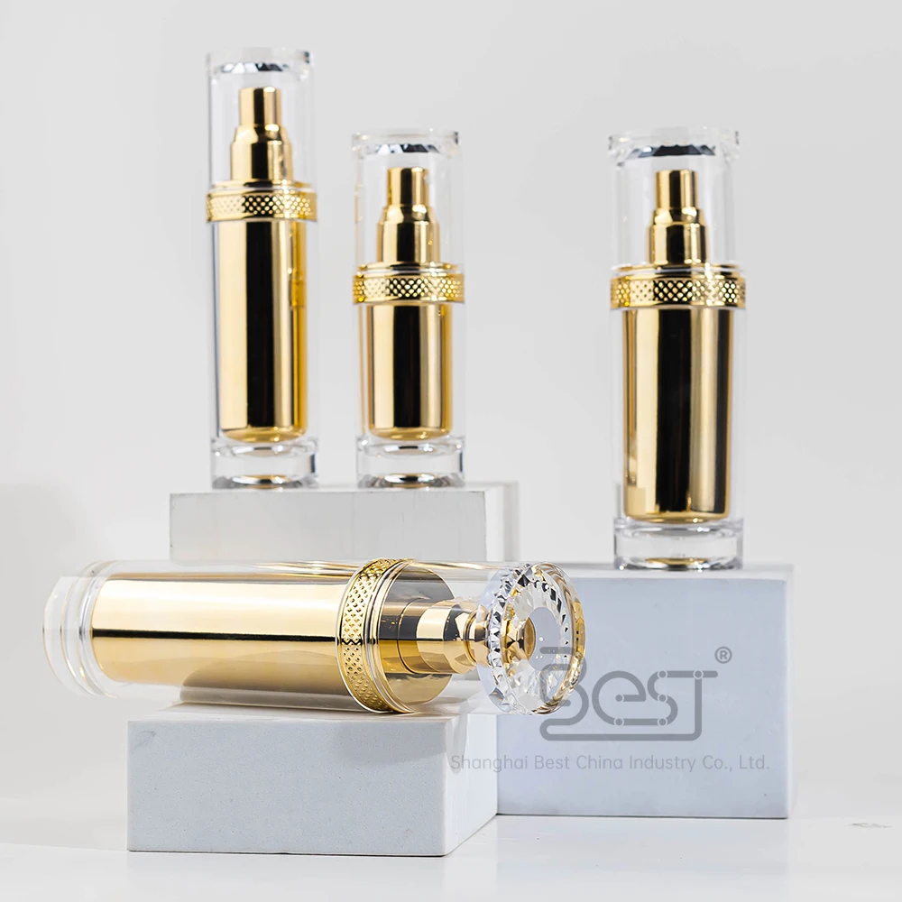 Body Lotion Bottle Cosmetic Container Acrylic Skincare Packaging Bottle and Jar Golden Luxury Skin Care Packaging Custom PET