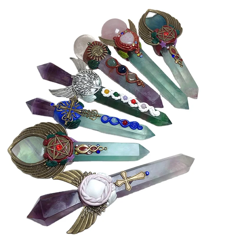 Wholesale Natural Fluorite Stone Crafts Crystal Scepter Point Tower Spiritual Treatment Magic Wand