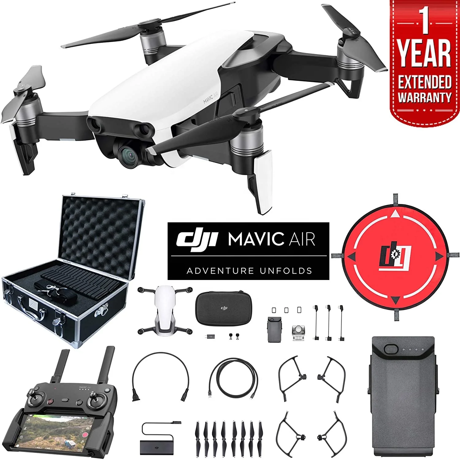 DJI Mavic Air Quadcopter Drone Arctic White Bundle with Mavic AIR Intelligent Flight Battery, Drone Landing Pad, Equipment Case
