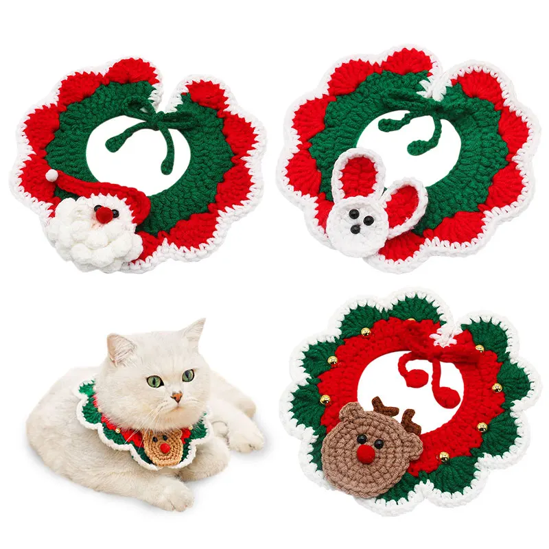 Hot Sale Christmas Handmade Knit Dogs Cat Collar Pet Necklace Adjustable Size Pet Handmade Crochet Collar