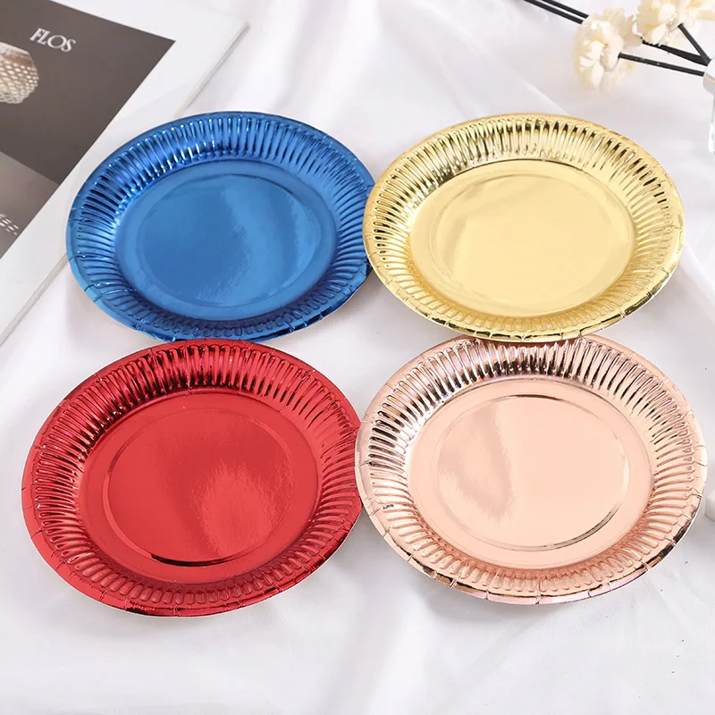2023 Factory wholesale 7 inch luxury disposable tableware party decoration food cake tray rose blue yellow red gold paper plate