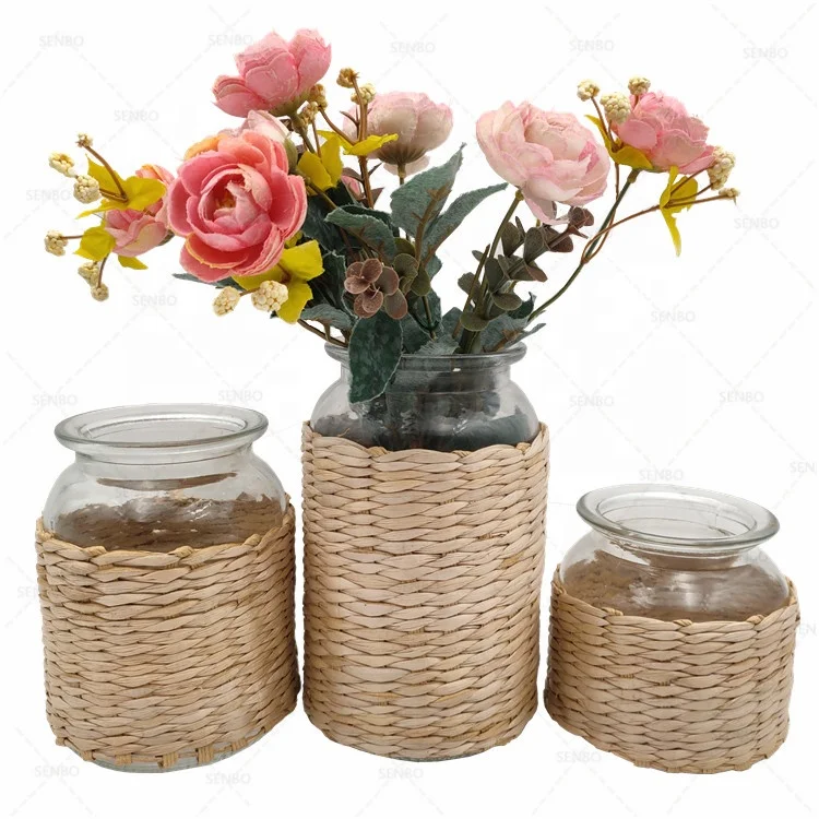 Rattan Wire Seagrass Wrapped Straw Glass Dry Flower Bottle Vase Rustic Farmhouse Decorative Creative Rope Net Pot