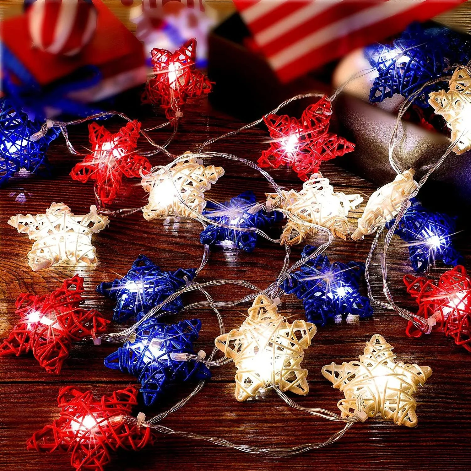 rattan wire Star String Light Independence Day Decoration Waterproof Battery Red White Blue holiday lighting decor