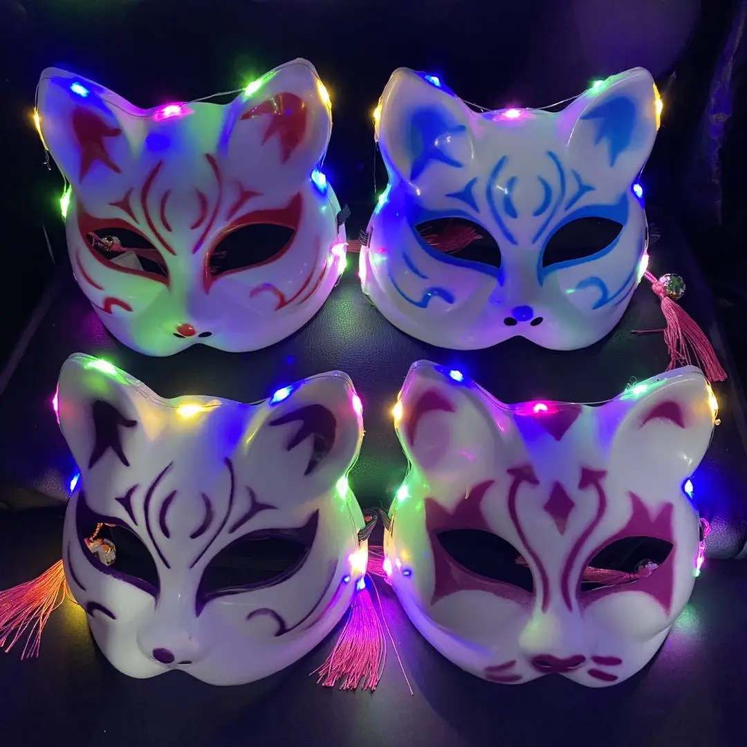 
Men and women half cat face glowing mask Japanese style and wind fox anime cosplay costume party 