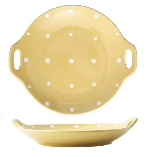 Kids Cute Dinner Microwave Food Dish Ceramic Plates Porcelain Oval Plate Wave Point Dinner Plates with Handle