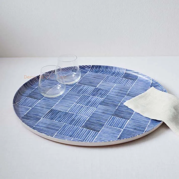 Fabric Pattern Blue Tray round enamel metal serving trays