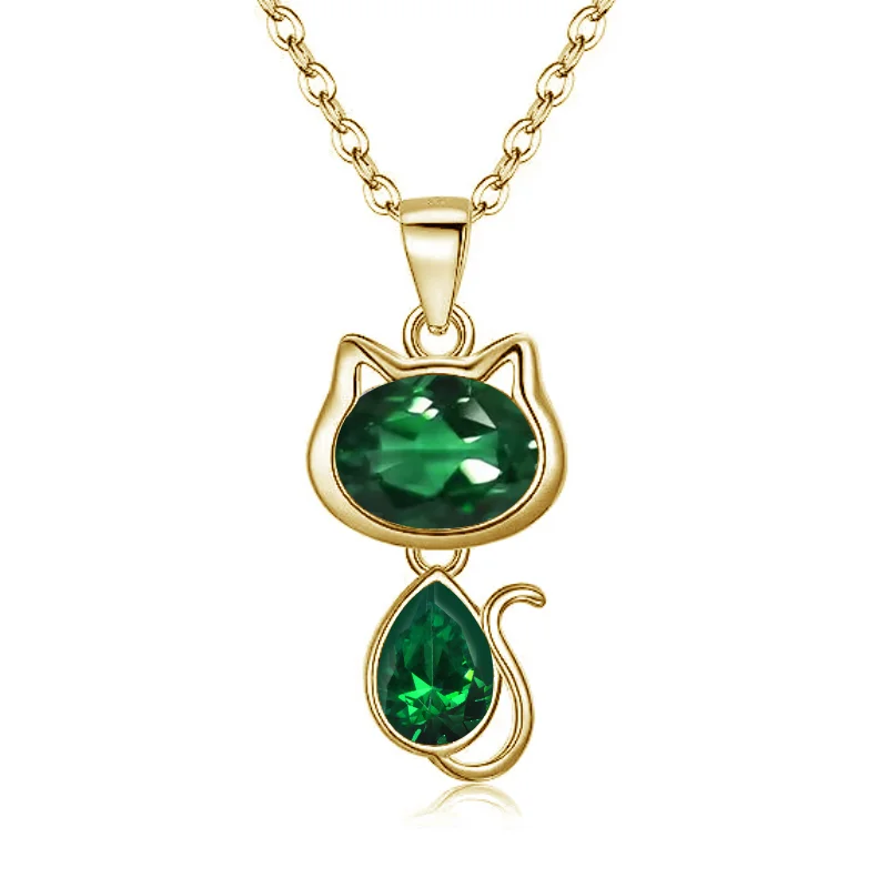 2024 Hot Sale Mimi Love Cat Pendent Oval Pear Cut Moissanite Lab ruby sapphire emerald 10K Yellow Gold Necklace