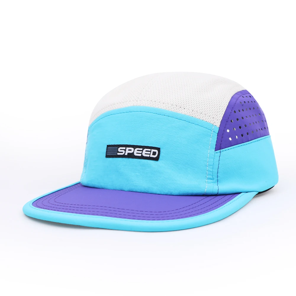 Custom Logo Laser Cut Perforations 5 Panel Running Cap Waterproof 5 Panel Performance Hat