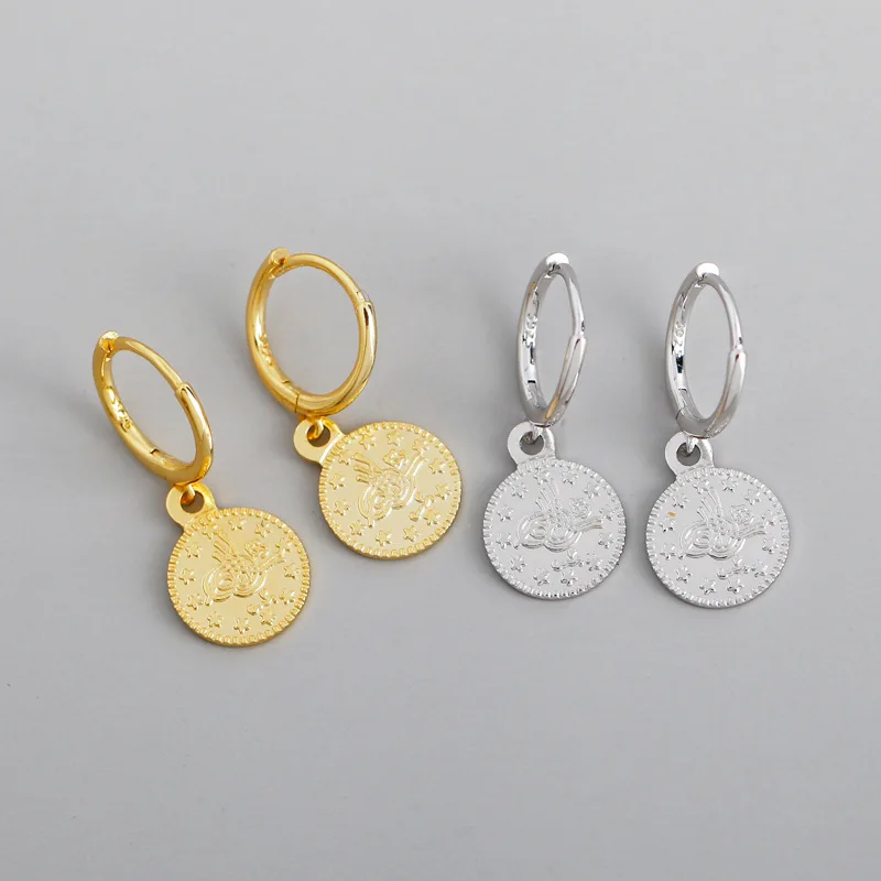 Fashion Korean Earrings Women 925 Sterling Silver Coin Shape Flower Star Hoop Earrings 18K Gold Plated Drop Earrings