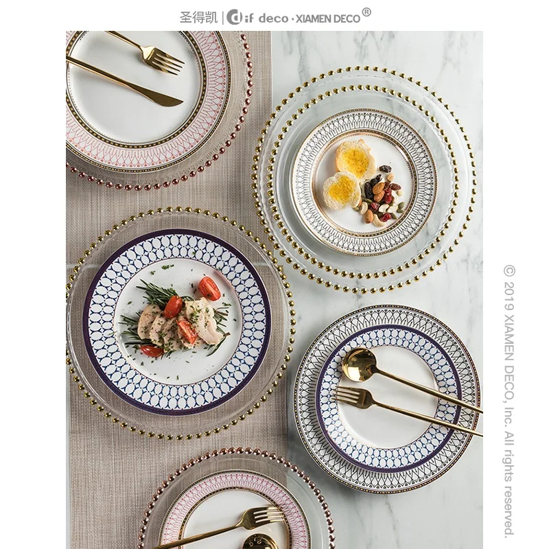 European style glass bead point gold plated western plate steak plate restaurant plates ceramic