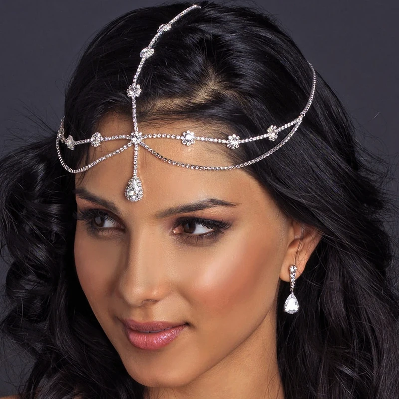 
Crystal Flower Women Forehead Headband Head Chain Headpiece Rhinestone Teardrop Tiara Bridal Wedding Hair Jewelry 