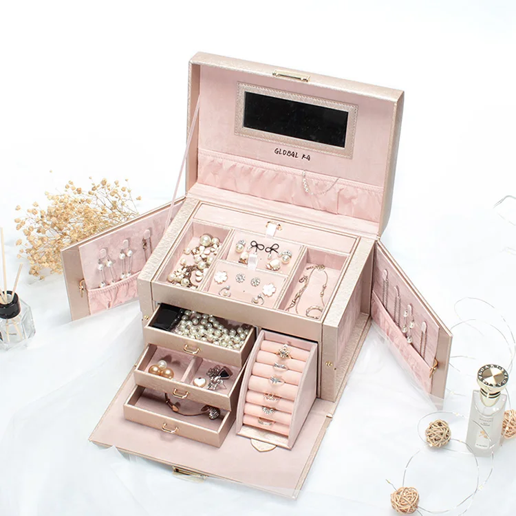 
Classical gold leather double doors jewelry box with lock and mirror and custom logo jewellery storage boxes 