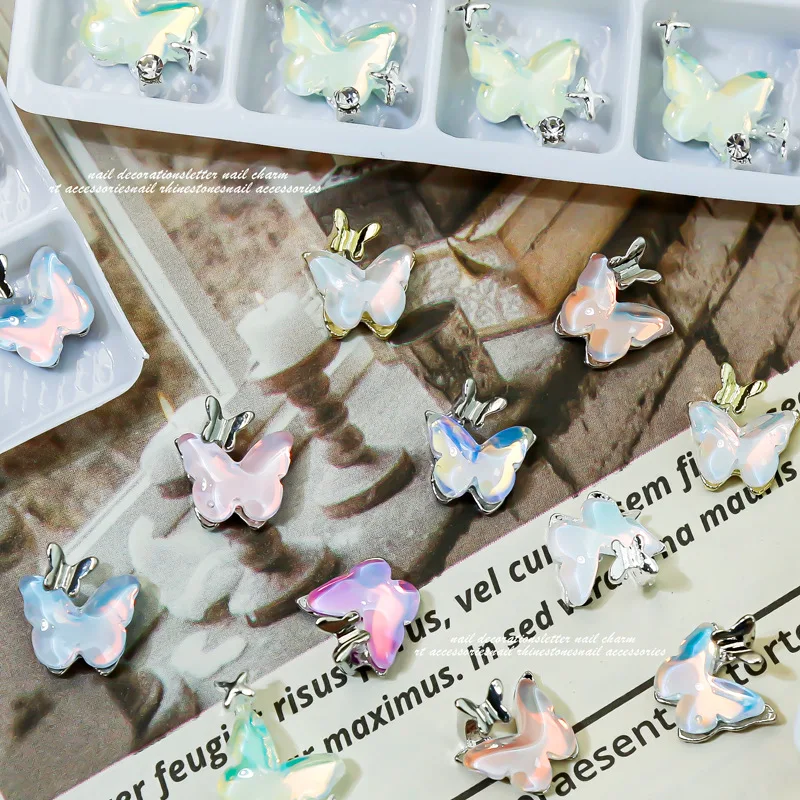 French butterfly nail art alloy accessories with colorful aurora and a cool niche exquisite feel for butterfly nail decorations