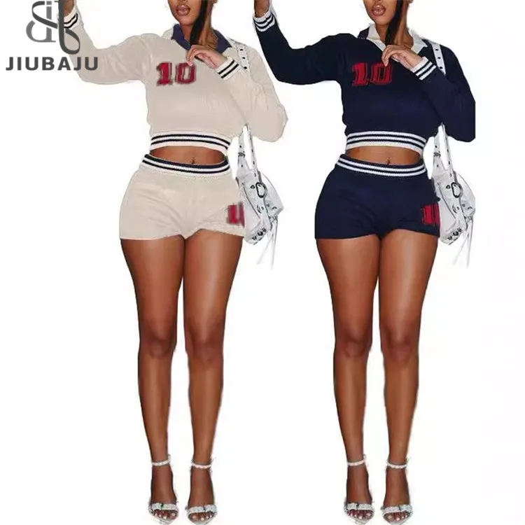 Autumn Knit 2 Piece Sets Outfit Preppy Style Lapel Stripe Patchwork Sweater and Shorts Set