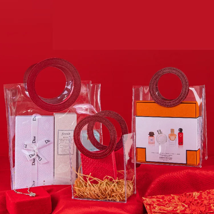 Customised luxury large medium mini clear PVC plastic leather handle gift small mini tote bags for women