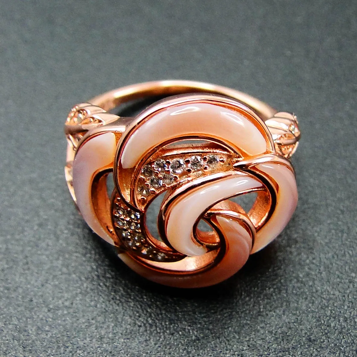 Beautiful 14K Rose Gold Kabana Inlay Pink Mother Of Pearl Engagement Ring Fine Jewelry