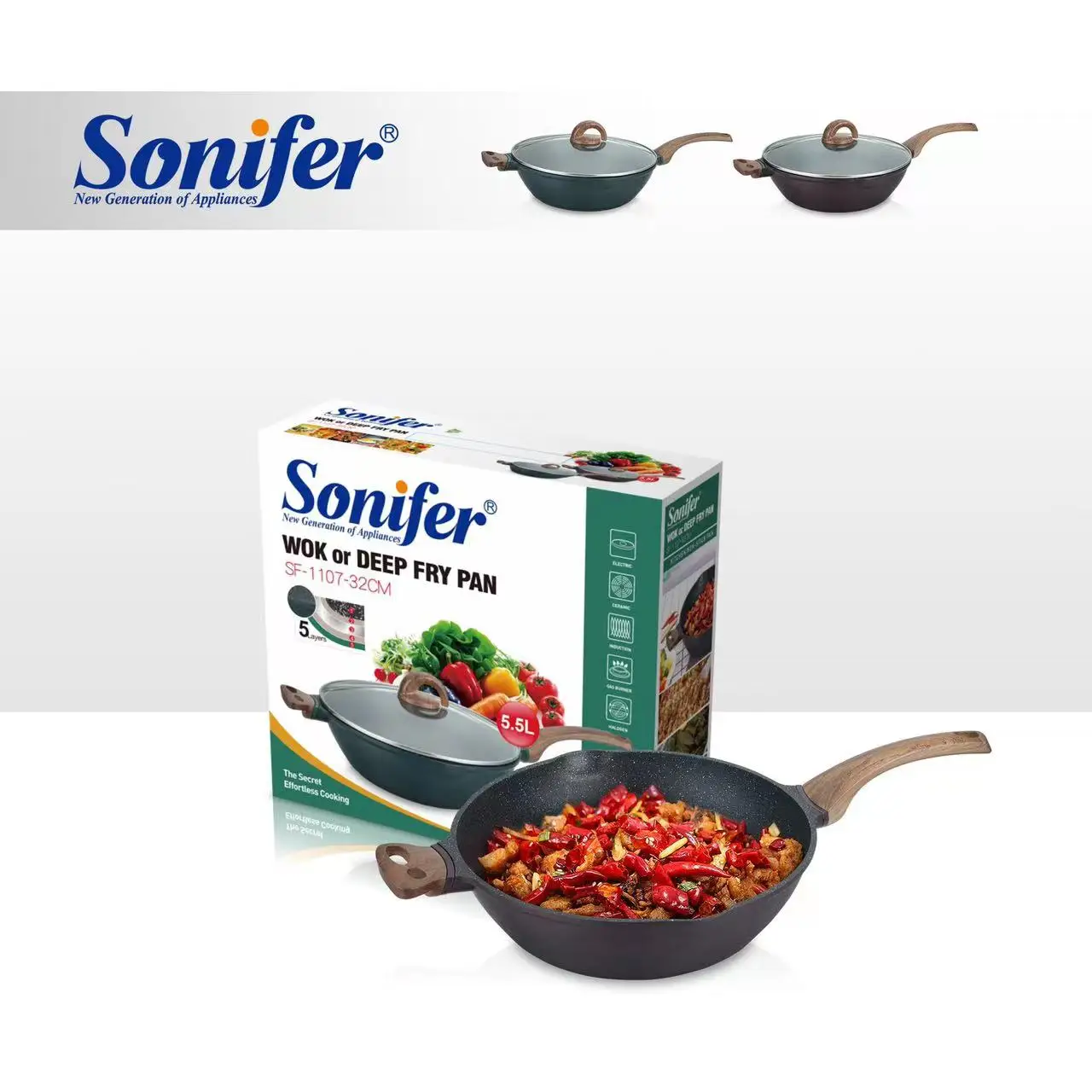 Sonifer SF-1107 оптовая продажа изготовление размеров под заказ Высокое качество бытовой 32 см стеклянная крышка антипригарная алюминиевая