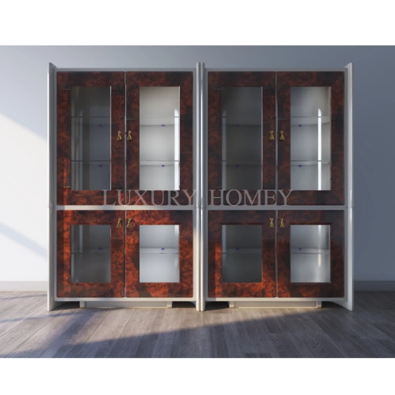 Modern Luxury Glass Wooden Veneer Wine Cabinet Home Bar Showcase Wood Display Showcase Living Dining Room Wine Bar Cabinet