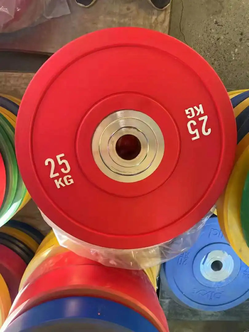 Cheapest price weight lifting barbell 25kg 50 pounds set colorful disc washer competition bumper plate