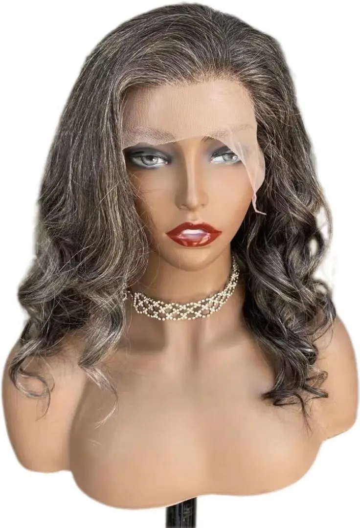 Hot selling 100% human hair wig Salt and Pepper loose wave lace front wigs 180% Density silver grey wigs for women