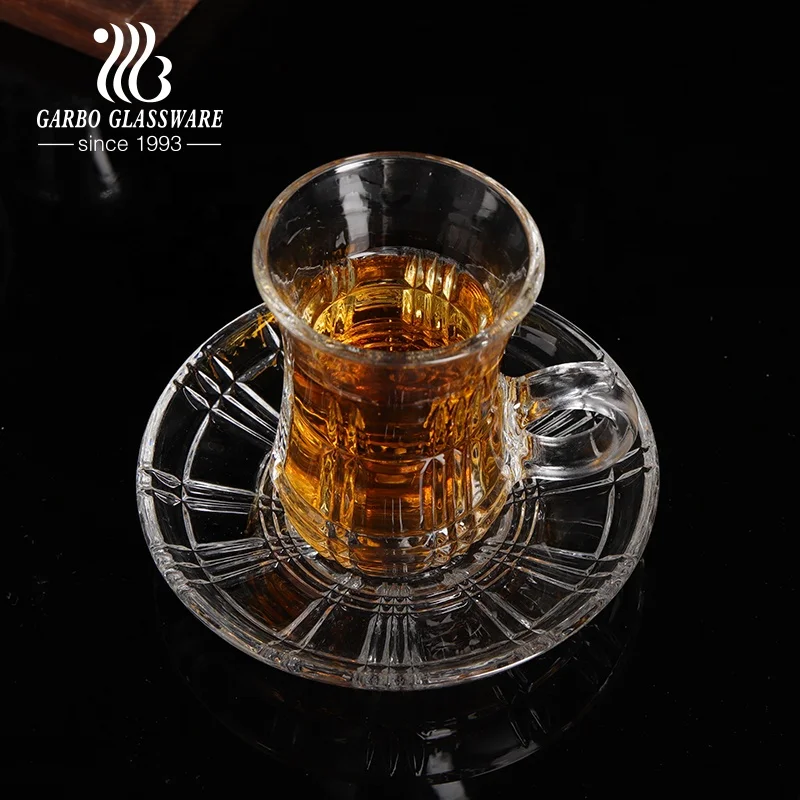 Engraved mix group mold tea glass cup coffee glasses with saucer drinking glassware tumbler with plate set home tea cups