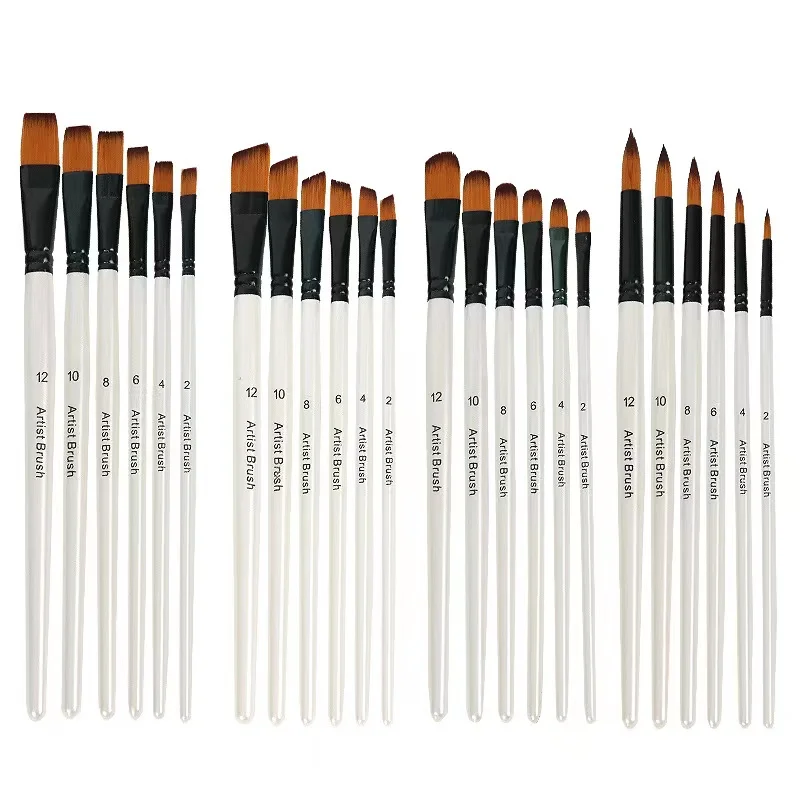 6 Pcs White Paint Brush Set With Nylon Hair Wood handle For Watercolor Oil Acrylic Painting Brush  Set