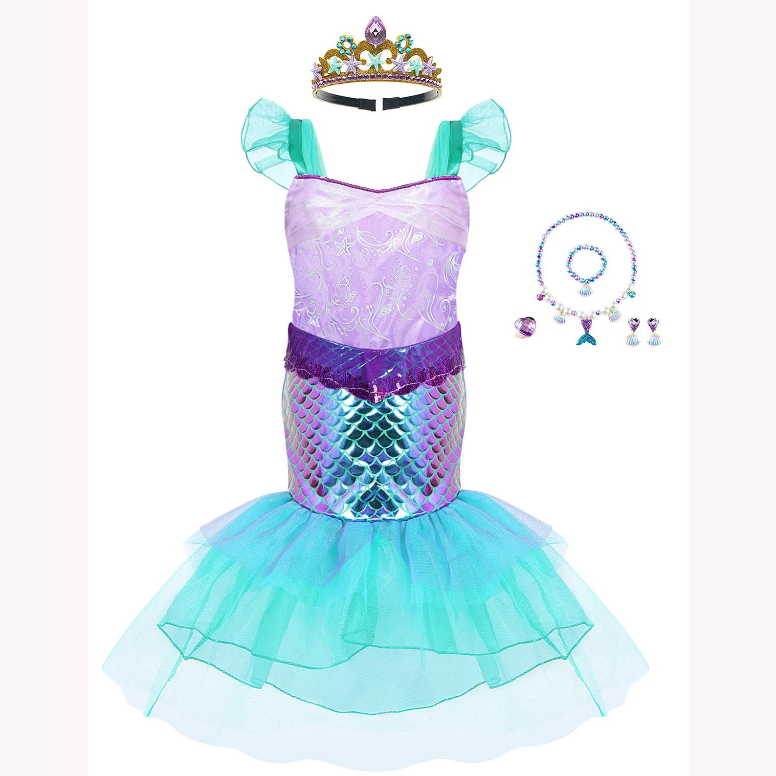 Halloween Cosplay Beautiful Fish Suit Birthday Party Little Girl Princess Mermaid Costume With Wand And Necklace
