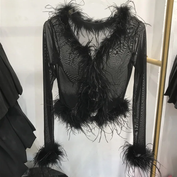 Customized Women 100% Silk Transparent Long Sleeve Feathers Blouse