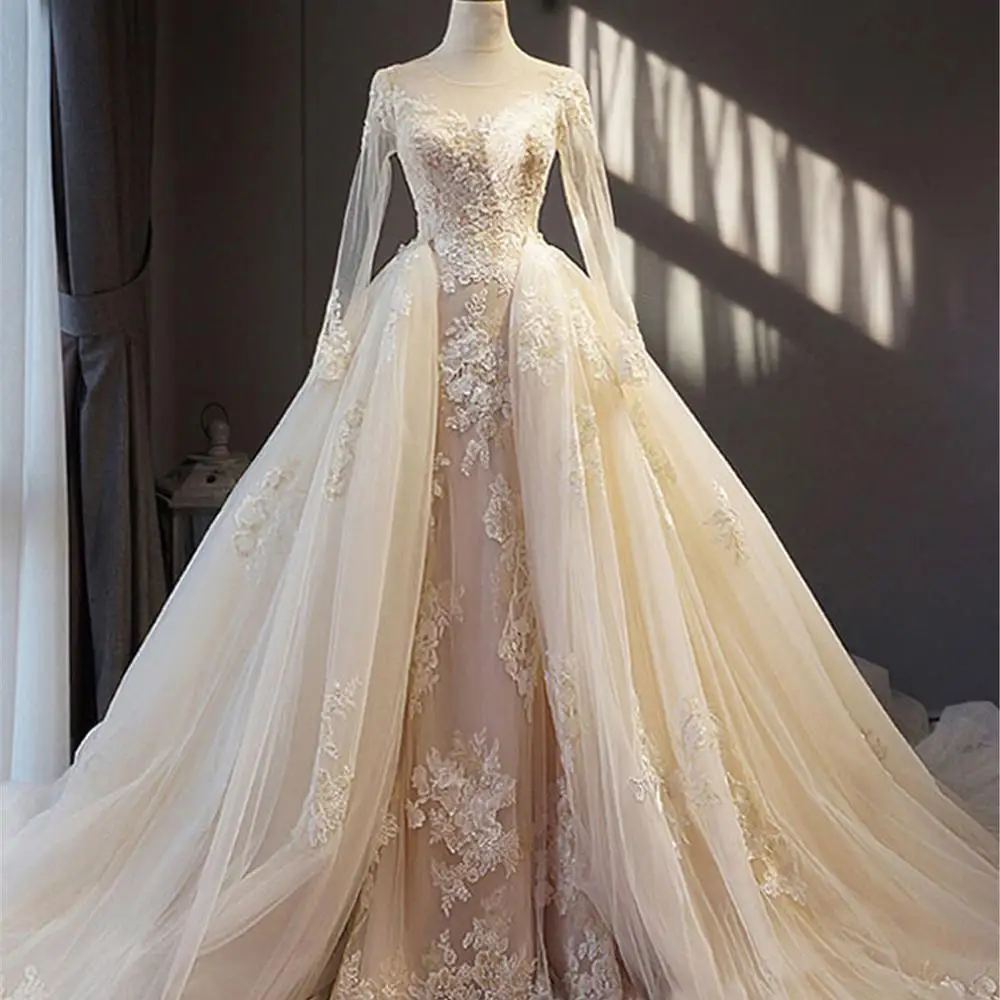 
US free shipping Wedding Dresses Tulle sheer lace Women Fashion Customized wedding dress mermaid long sleeves 