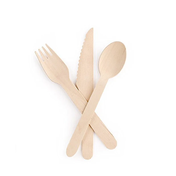 Hot sale dessert spoon and fork, wooden disposable spoon fork knife bulk packing biodegradable wooden cutlery set