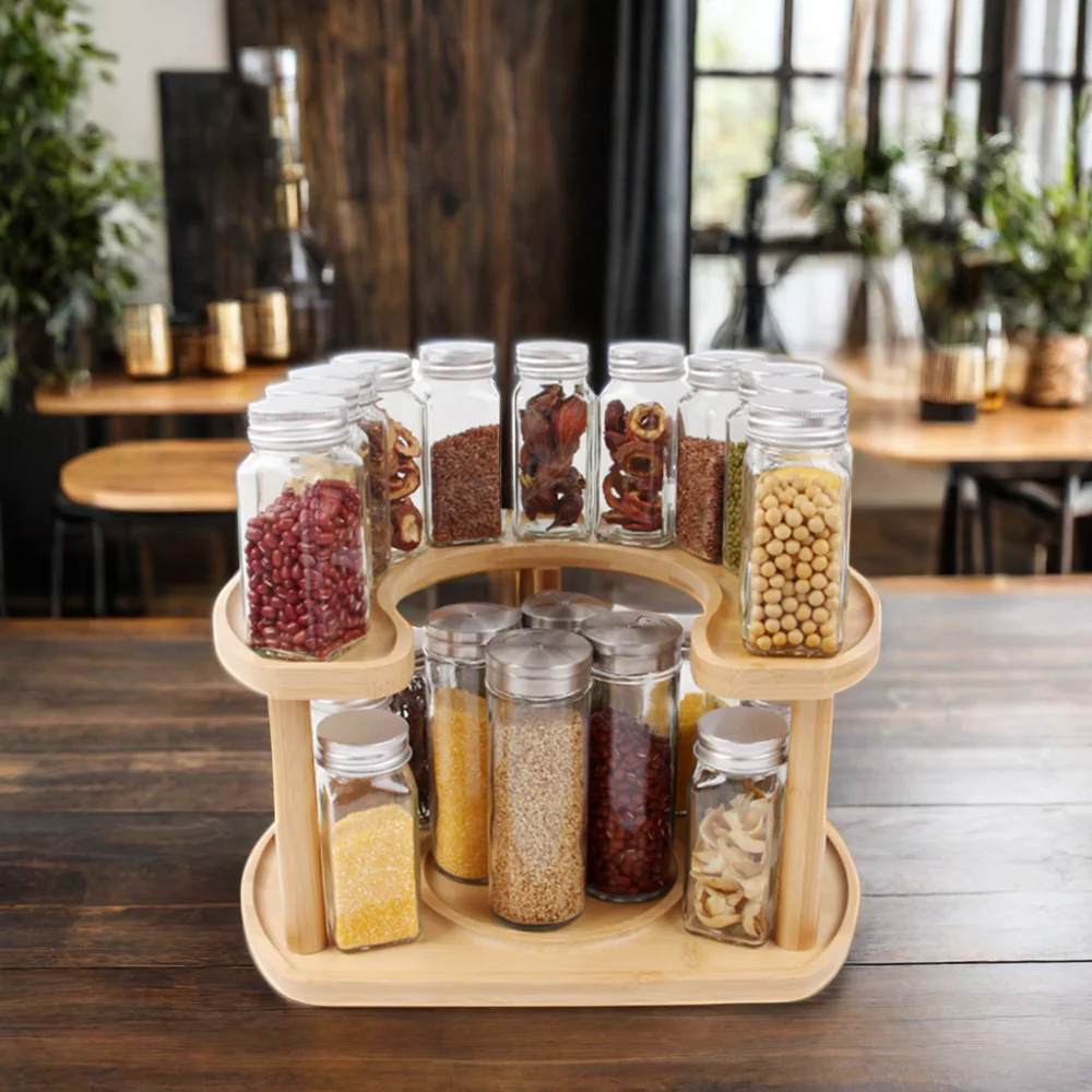 Modern Bamboo 2-Tier Kitchen Lazy Susan Wooden Rotating Tray Turntable Organizer for Plates and Dishes Food Packaging