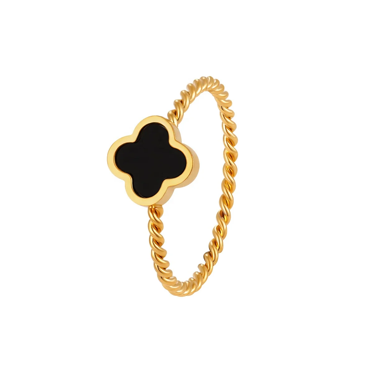 High Quality Jewelry Black Epoxy 4 Four Leaf Clover Flower Ring Women Fashion Plated 18K Gold Stainless Steel Twist Clover Ring