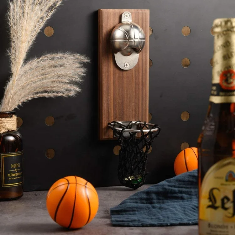 Wooden wall mounted magnetic basketball bottle opener for collector catcher